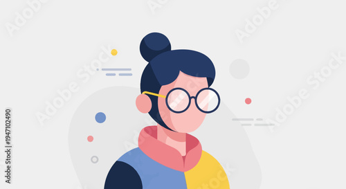 Stylized portrait of a person with dark hair in a bun and round glasses, wearing a colorblock outfit