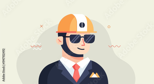 Stylized portrait of a smiling person wearing a hard hat and suit