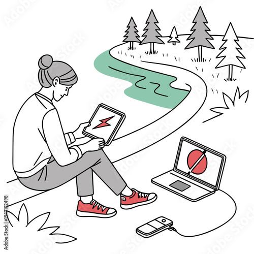 Woman sitting outdoors working on a tablet, with a laptop and phone connected to a power bank, image represents remote work, digital nomad lifestyle, and mobile technology