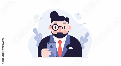 Stylized man in suit with glasses holds a phone, winking