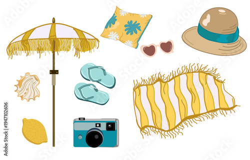 Summer beach travel accessories vector set for vacation blog design