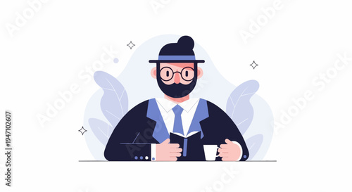 A man in a hat and suit reads a book with a cup of coffee