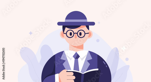 A man in a suit and hat reads a book