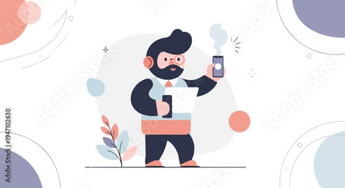 A man with a beard and glasses holds a phone and paper, with abstract shapes