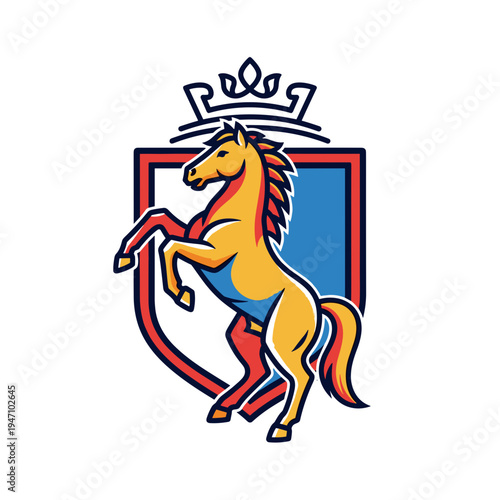 Rearing horse shield emblem with crown and flag