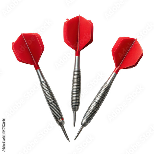 Three red darts with silver shafts and tips isolated on a transparent background