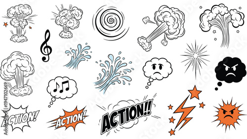 Collection of hand drawn comic book style action effects including explosions speech bubbles lightning bolts and expressive faces.