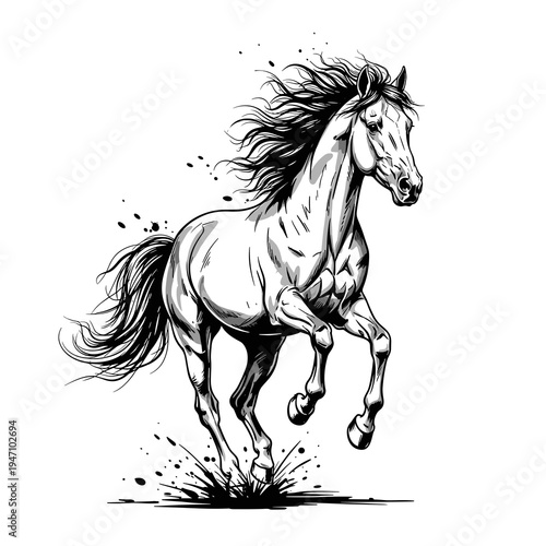 Artistic ink sketch of a galloping horse with splashing effect