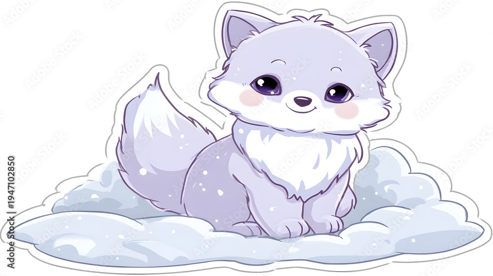 Fototapeta premium Cute Fluffy Arctic Fox Kit Sitting on Soft Clouds Illustration.