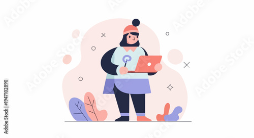 Stylized character holding a laptop and stylus, surrounded by abstract shapes and plants