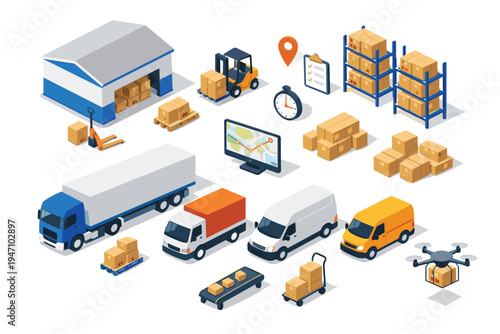 Logistics and transportation concept with various vehicles and warehouse elements.