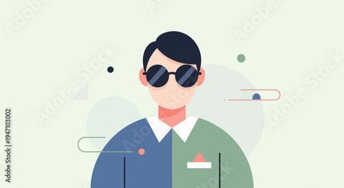 Flat illustration of a person with black sunglasses and a split-colored shirt