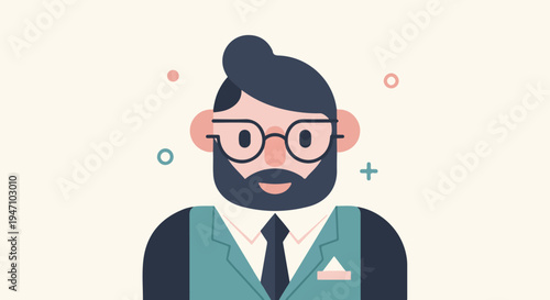 Flat illustration of a smiling man with beard, glasses, and suit