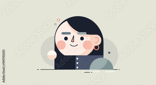 Flat illustration of a stylized woman with dark hair and smiling face