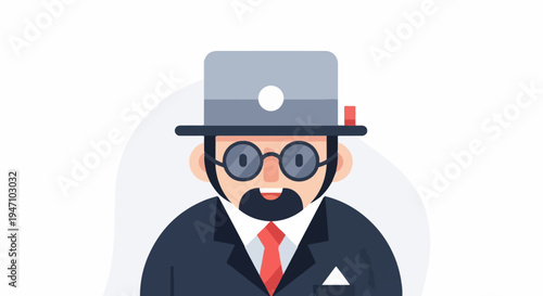 Stylized character in a suit and hat with round glasses and a beard