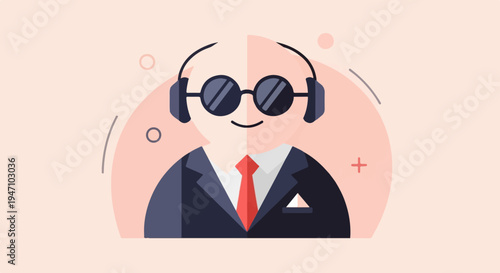 Stylized cartoon figure in a suit with headphones and sunglasses