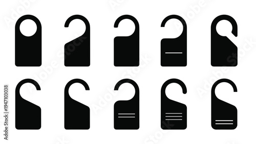 Assortment of black door hanger silhouettes in various shapes and designs on a white background for hospitality and service industries.