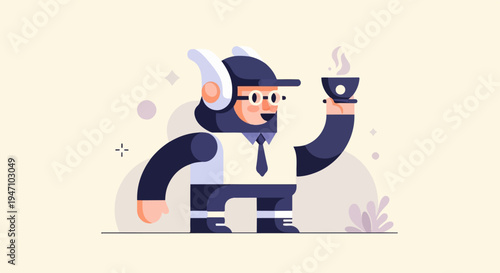 Bearded person in viking helmet holding steaming cup of coffee
