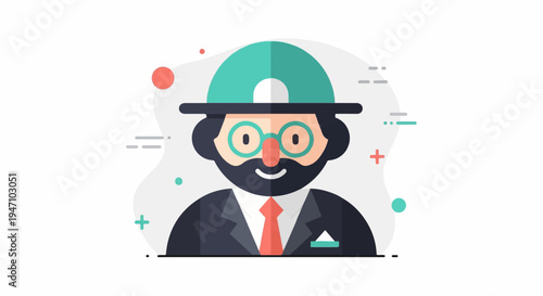 Stylized cartoon portrait of a bearded man with glasses and a hat