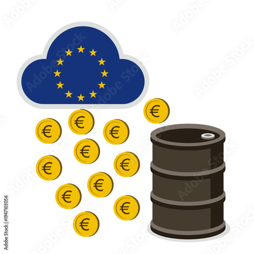 EU flag cloud raining euro coins onto oil barrel