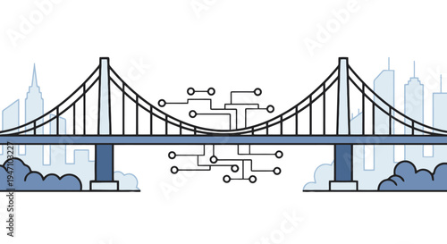 A futuristic illustration of a suspension bridge with a cityscape and circuit lines connecting nodes, showcasing Technology and Infrastructure in an Urban Landscape.