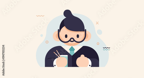 Cartoon avatar of a person in a suit holding chopsticks and a cup