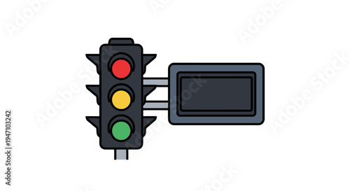 An illustration of a traffic light with a digital display screen showing a green light in a city environment.