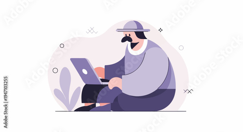 Stylized cartoon man with mustache and hat using laptop