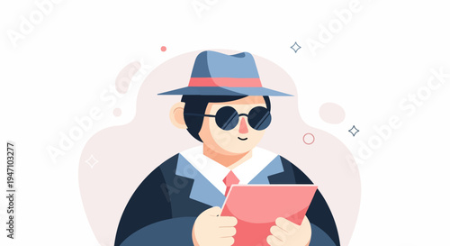 Stylized cartoon figure in a hat and sunglasses holds a tablet