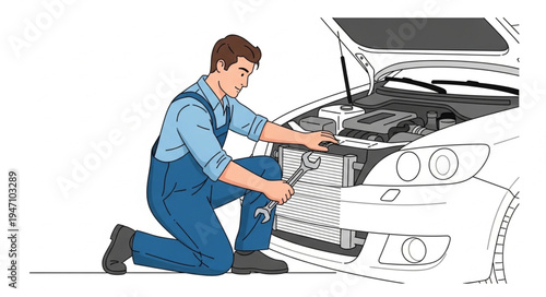 Mechanic working on car engine.