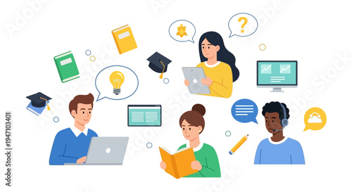 Online Education and E-Learning Concept. Diverse Students Studying, Reading Books, Using Laptops and Tablets for Distance Learning and Knowledge Acquisition.