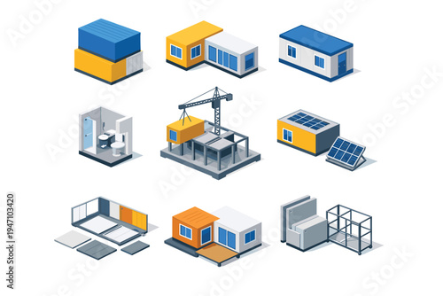 Collection of modern prefabricated house structures.