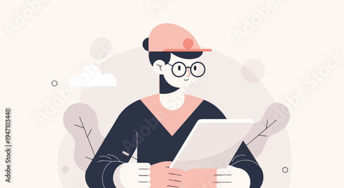 Character in a cap and glasses using a tablet with abstract background