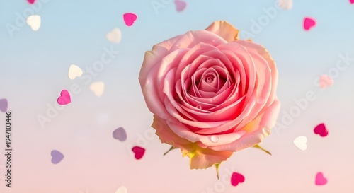 Romantic Pink Rose With Floating Colorful Hearts On A Dreamy Pastel Blue And Blush Pink Gradient Background