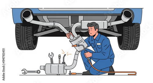 Mechanic working on car exhaust.