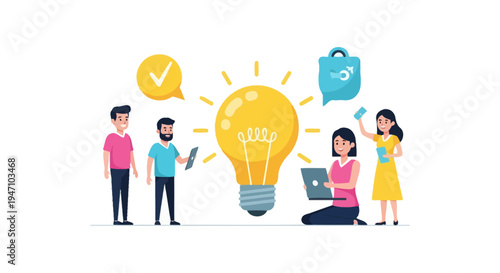 Team Brainstorming and Collaboration Concept. Diverse Business Group Generates Ideas and Finds Solutions with Giant Glowing Lightbulb Icon.