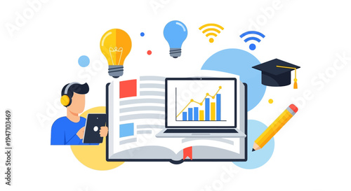 E-learning Concept: Student Studying Online with Laptop, Tablet, Book, and Data Analysis. Digital Knowledge Acquisition, Remote Study, and Academic Success.