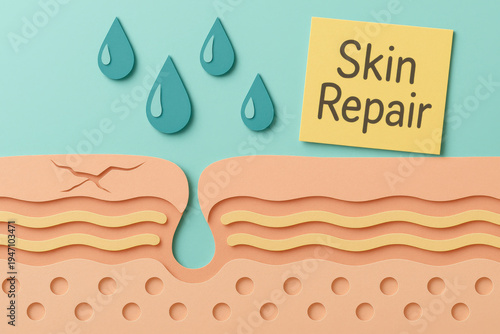 Paper cut dry skin repair concept with healing lipid layer and moisture droplet. skincare education design showing hydration and rejuvenation for soft, healthy skin