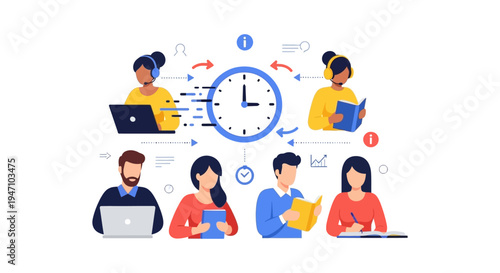 Optimized Workflow and Time Management Concept. Flat vector illustration of productive employees (remote workers, students, team) maximizing efficiency around a central clock.