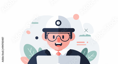 Cheerful cartoon character in hard hat and glasses with laptop