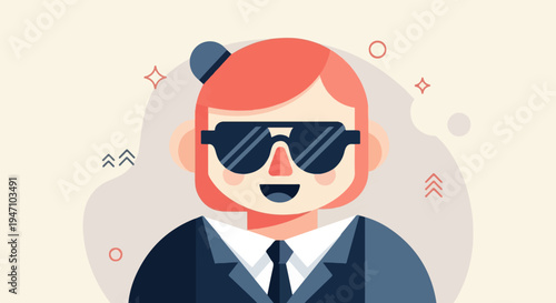 Cheerful cartoon character in dark suit and sunglasses smiles widely