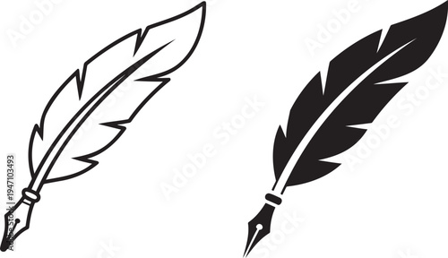 Quill feather pen silhouette & outline set isolated on transparent background