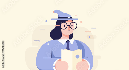 Flat design illustration of a person in a wizard hat reading a book