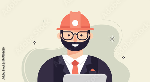 Flat illustration of a smiling male engineer in a hard hat and suit holding a tablet