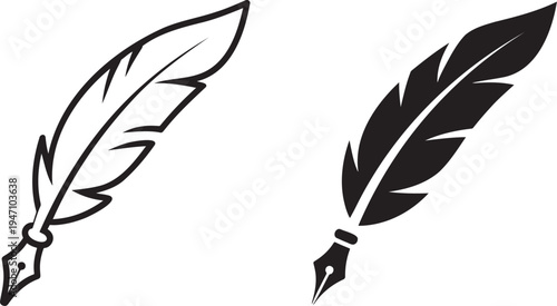 Quill feather pen silhouette & outline set isolated on transparent background