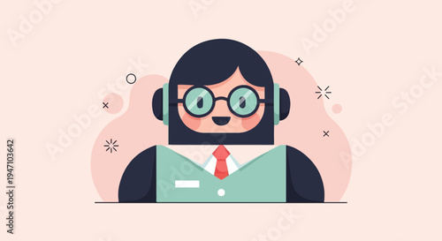 Friendly cartoon character with headphones and a red tie