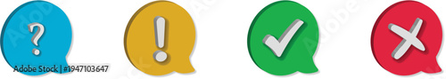 Four Colorful Speech Bubbles with Question Mark, Exclamation, Check, and Cross Symbols