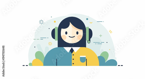 Friendly cartoon character with headphones and a shirt split into two colors