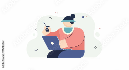Person with laptop and stylus, abstract shapes in background
