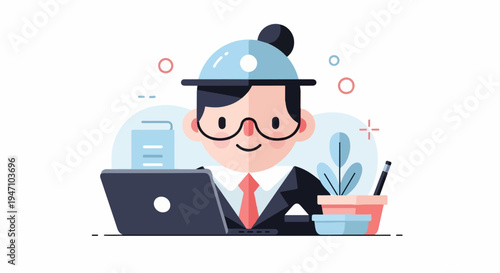 Cartoon character in a suit working on a laptop with a book and plant